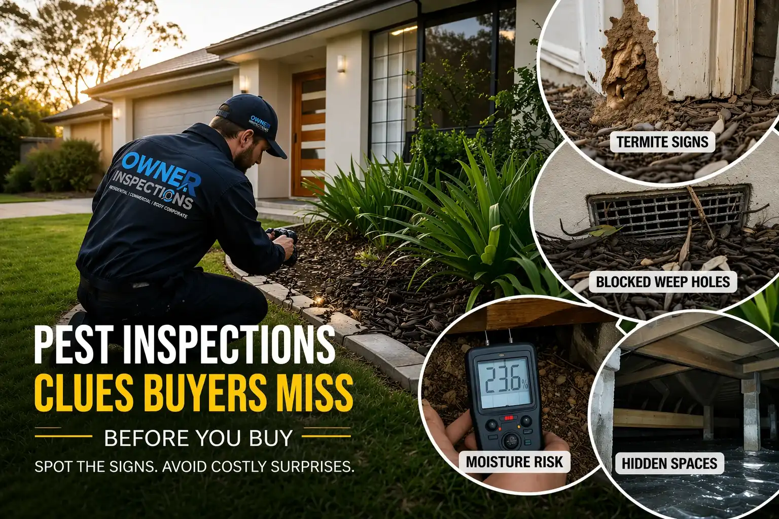 Inspector performing a pest inspection at a suburban Australian home, checking garden beds and slab edge with visible termite damage, blocked weep holes, moisture reading device, and subfloor access shown.