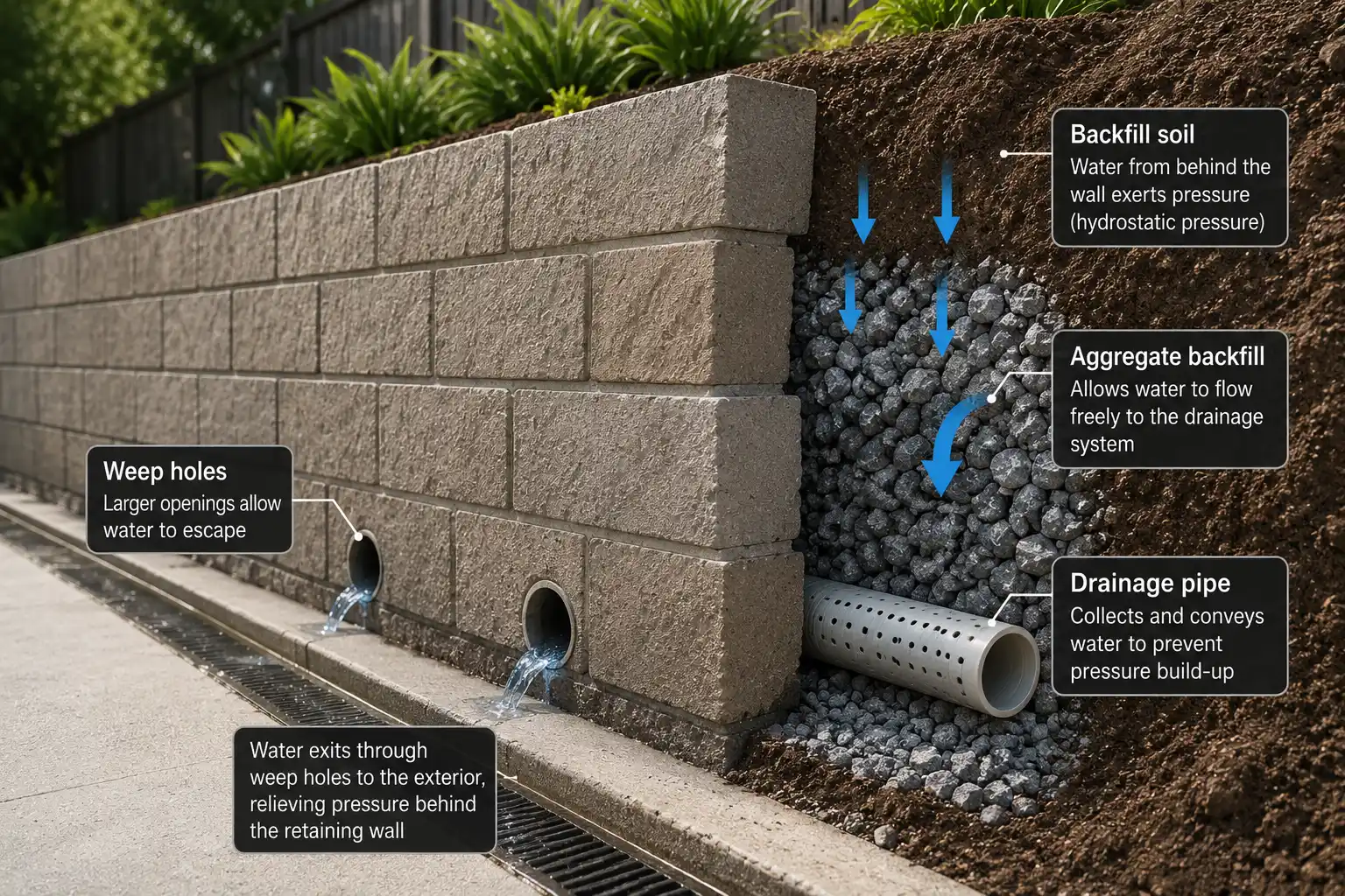 Retaining wall drainage system showing weep holes, aggregate backfill, drainage pipe, and water flow reducing hydrostatic pressure behind the wall.