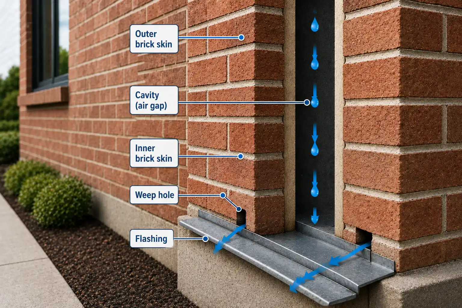Cavity wall construction showing outer and inner brick skins, cavity air gap, flashing, and weep holes for moisture drainage and ventilation.