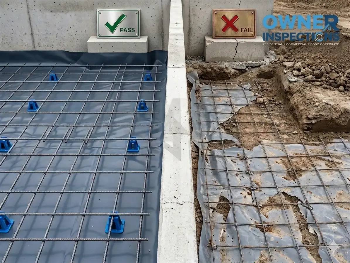 Pre-slab inspection steel reinforcement comparison showing a pass and fail example with reinforcing mesh, bar chairs and vapour barrier.