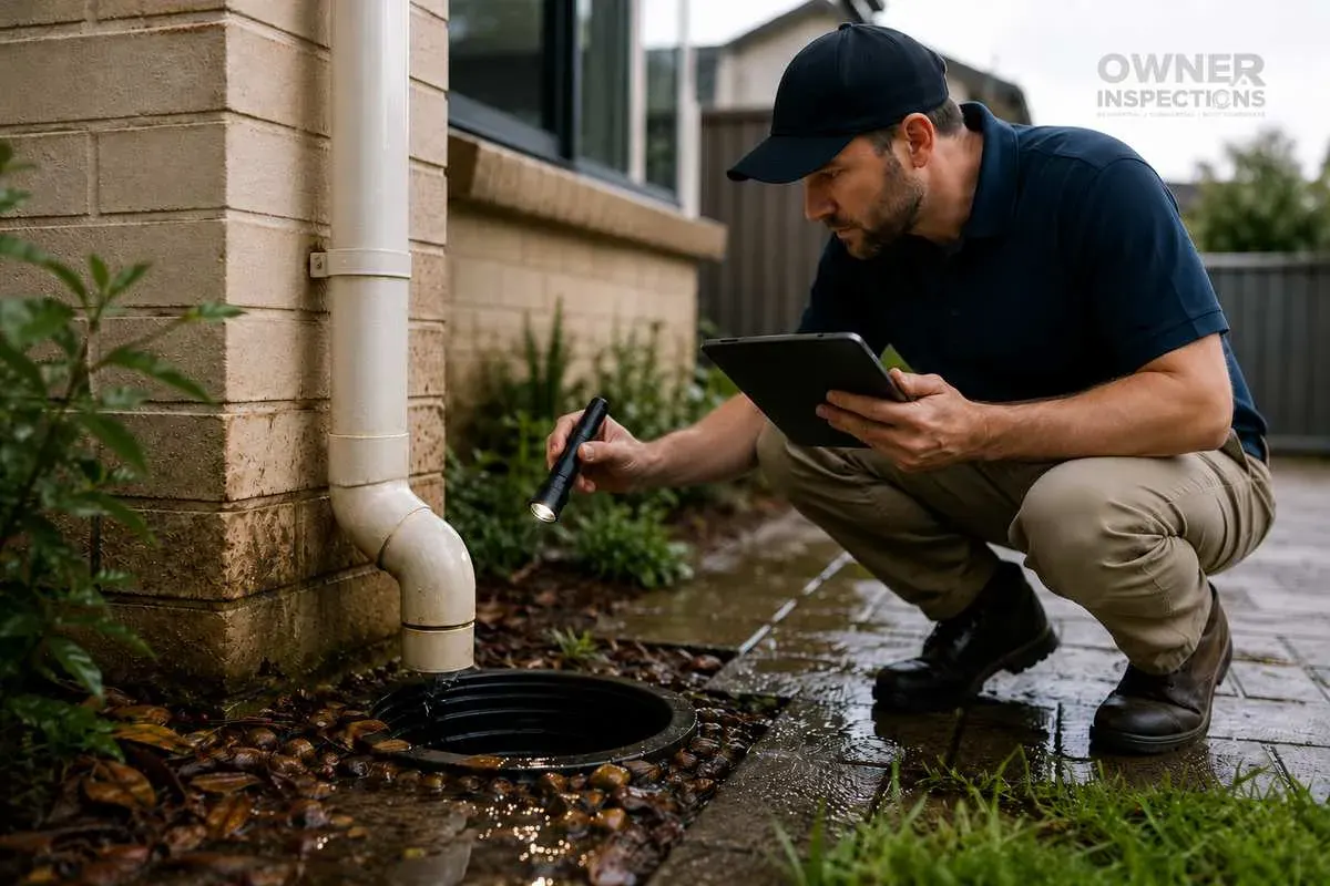 Building inspector checking exterior stormwater drainage and a downpipe near a residential home for possible soakwell issues.