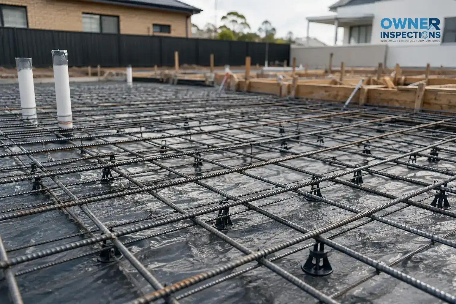 Reinforcing steel mesh supported by bar chairs over a vapour barrier before a concrete slab pour for a new Australian home.