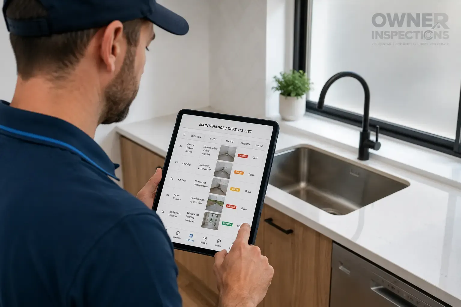 Private inspector reviewing a maintenance request defects list on an iPad during a new-home kitchen inspection