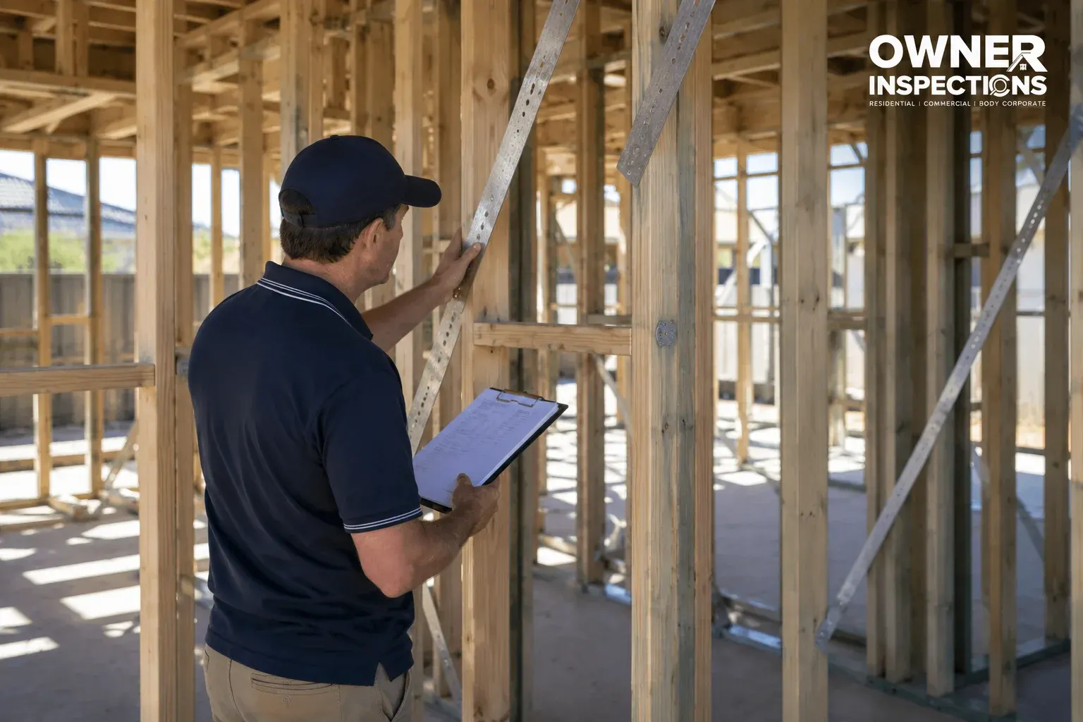 Independent inspector checking wall bracing at frame stage during a new home build.