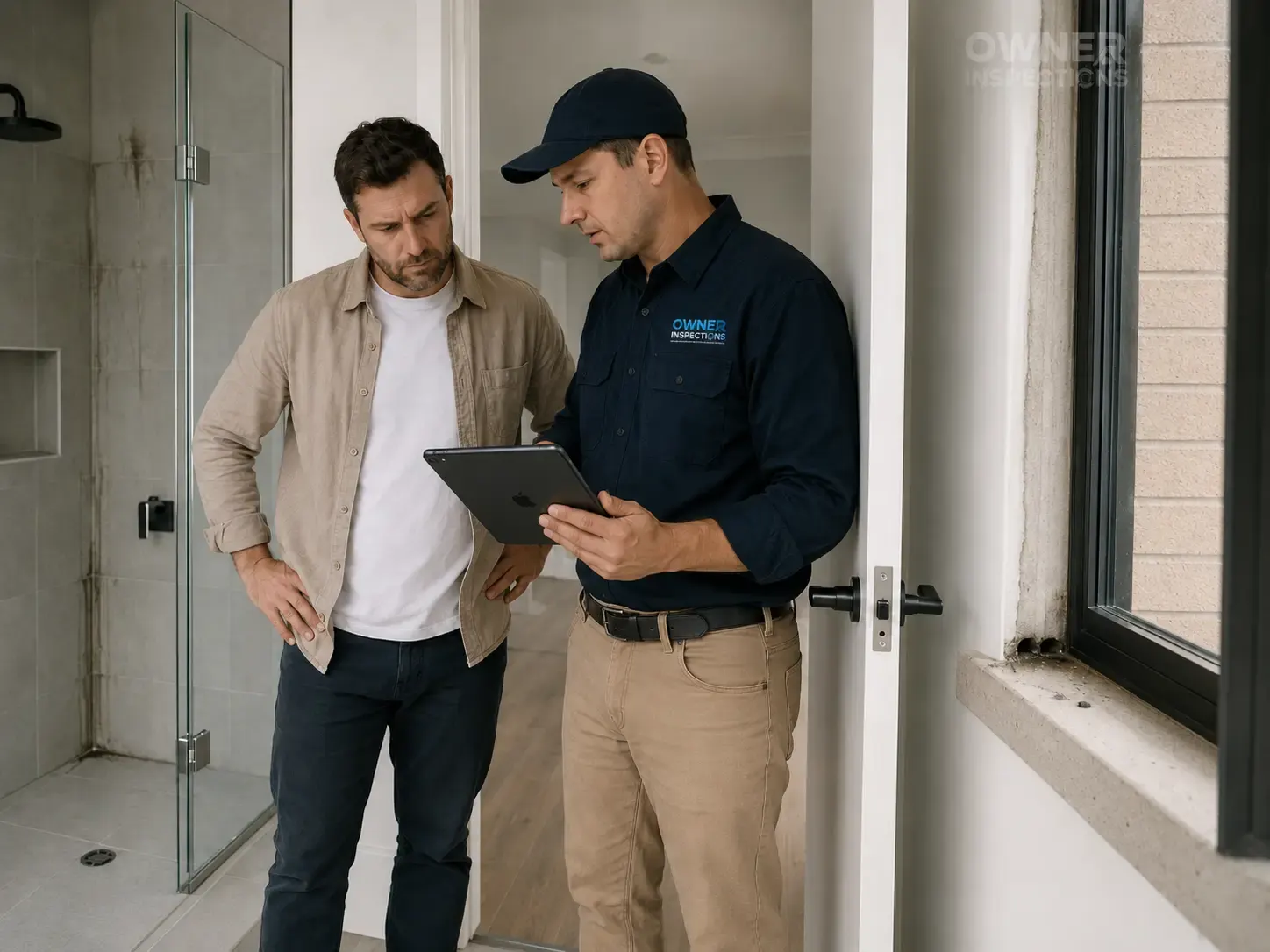 Independent building inspector holding an iPad during a Practical Completion Inspection while a homeowner reviews defects in a new bathroom, with Owner Inspections branding on the inspector’s shirt.