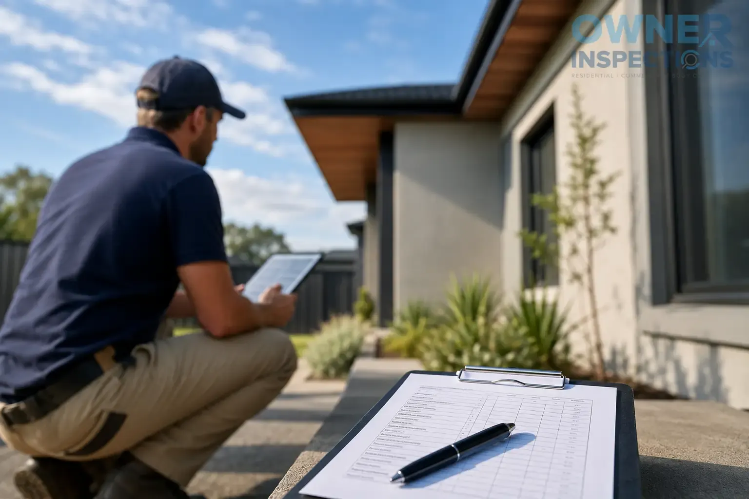 Home inspector assessing a modern Australian house with a tablet during a professional home inspection.