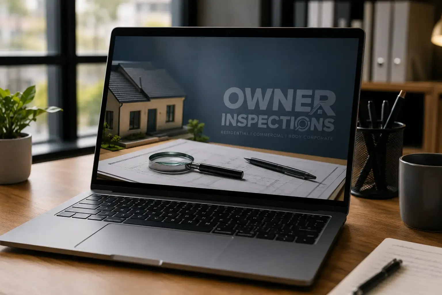 Australian property investor reviewing property finances on a laptop with the Owner Inspections logo displayed as a watermark