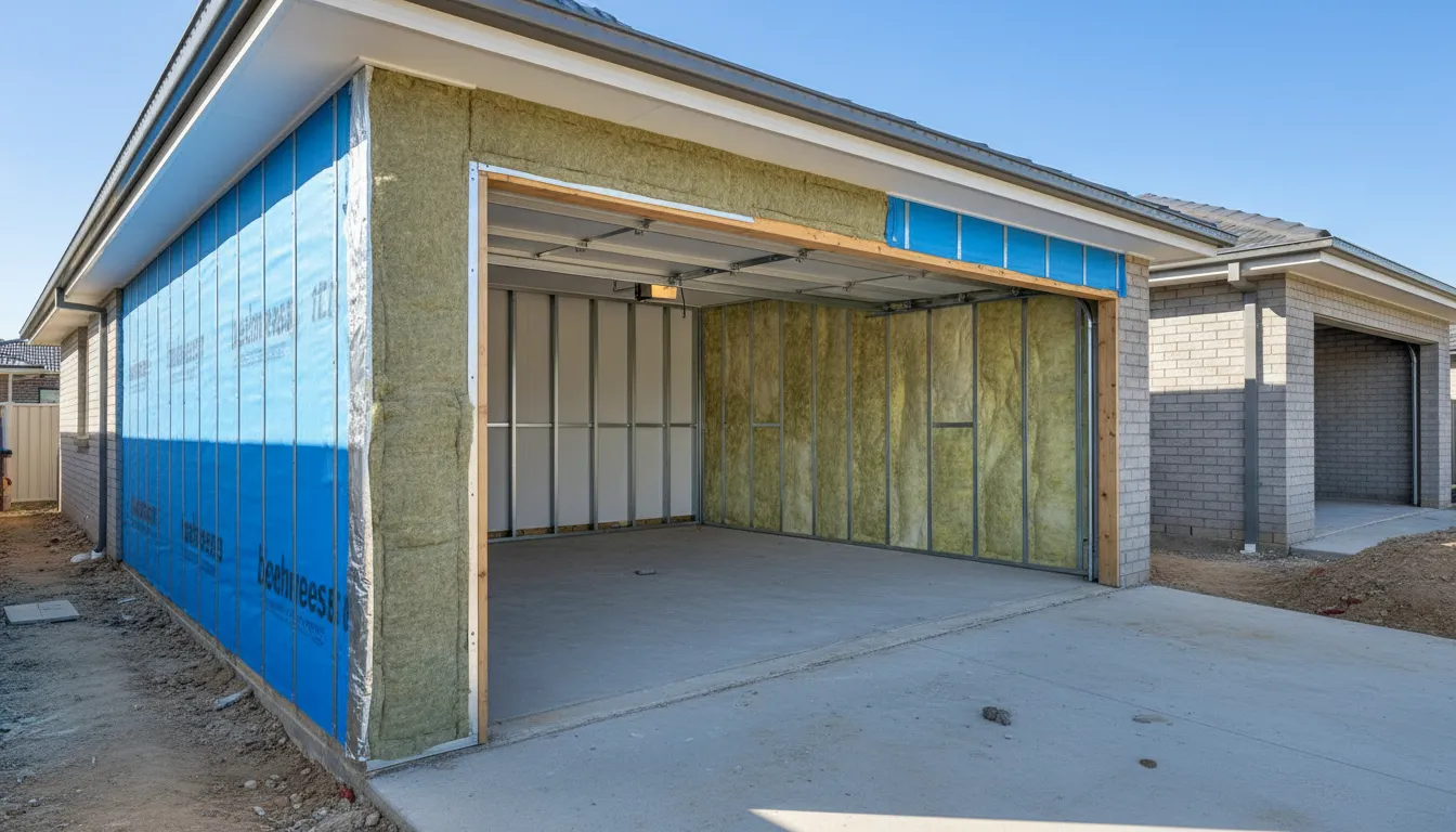 Attached garage wall showing insulation batts and reflective sarking installed for NCC compliance in Australia