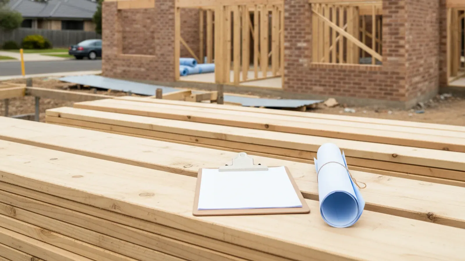 Timber wall frames stacked in front of a part-built Australian brick veneer house, with a clipboard and rolled building plans resting on top