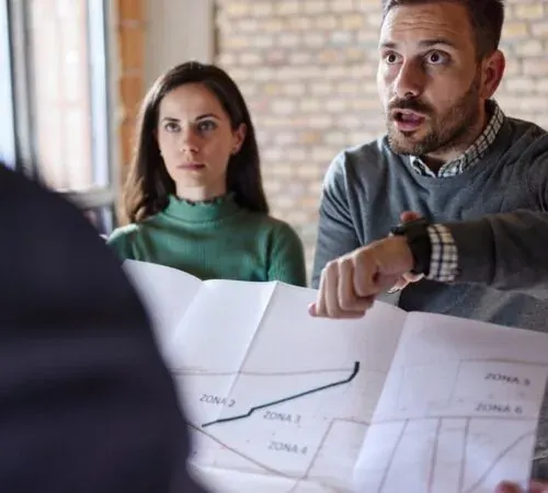 Homeowners reviewing building plans and an inspection report during a dispute