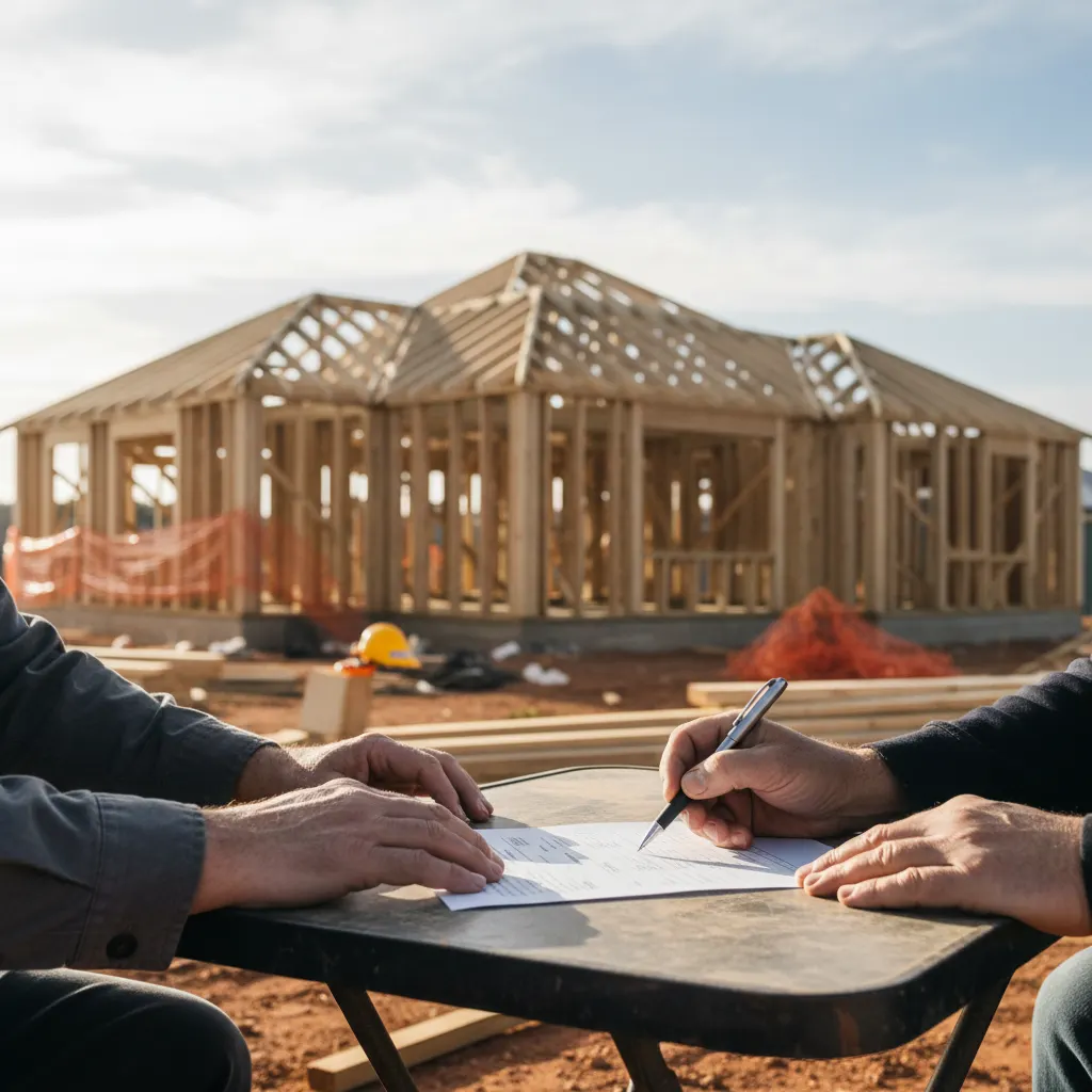 Illustration of a homeowner and a builder reviewing a progress payment claim at a table in front of a house at frame stage