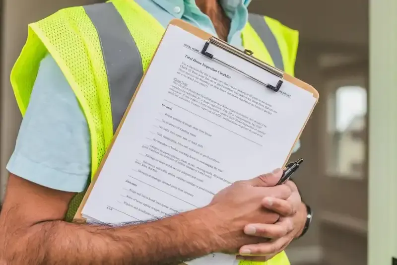 Property inspector using a checklist during an apartment pre-settlement inspection in Australia