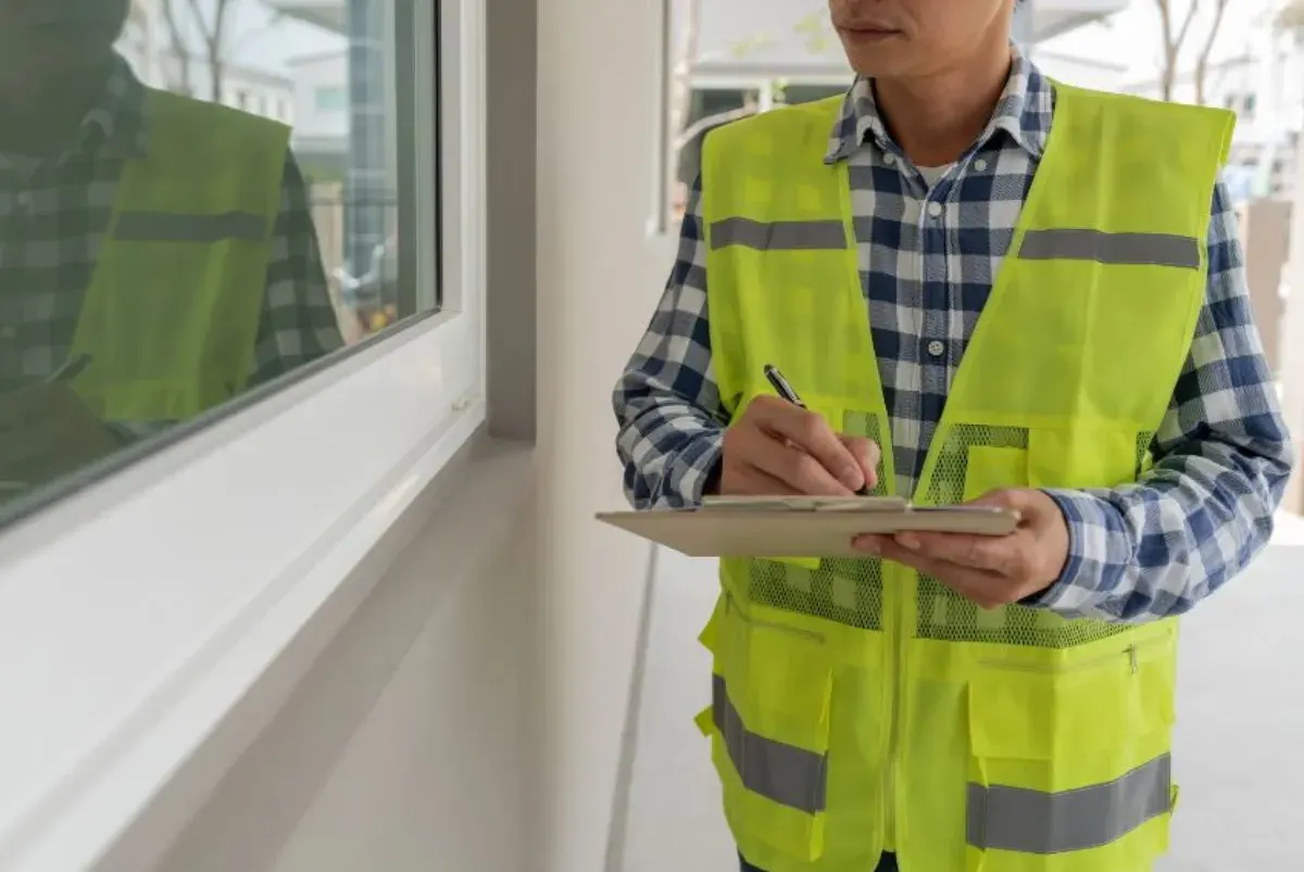 Building inspector checking plasterboard alignment during a fixing stage inspection
