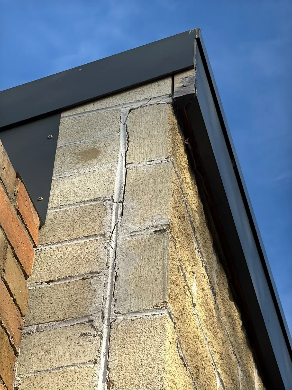 Cracking through the mortar of a masonry garage wall, recorded during a property inspection in Kew East VIC