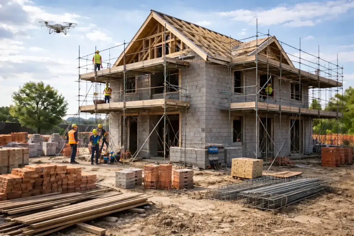Building inspector reviewing construction progress on a residential building site in Australia