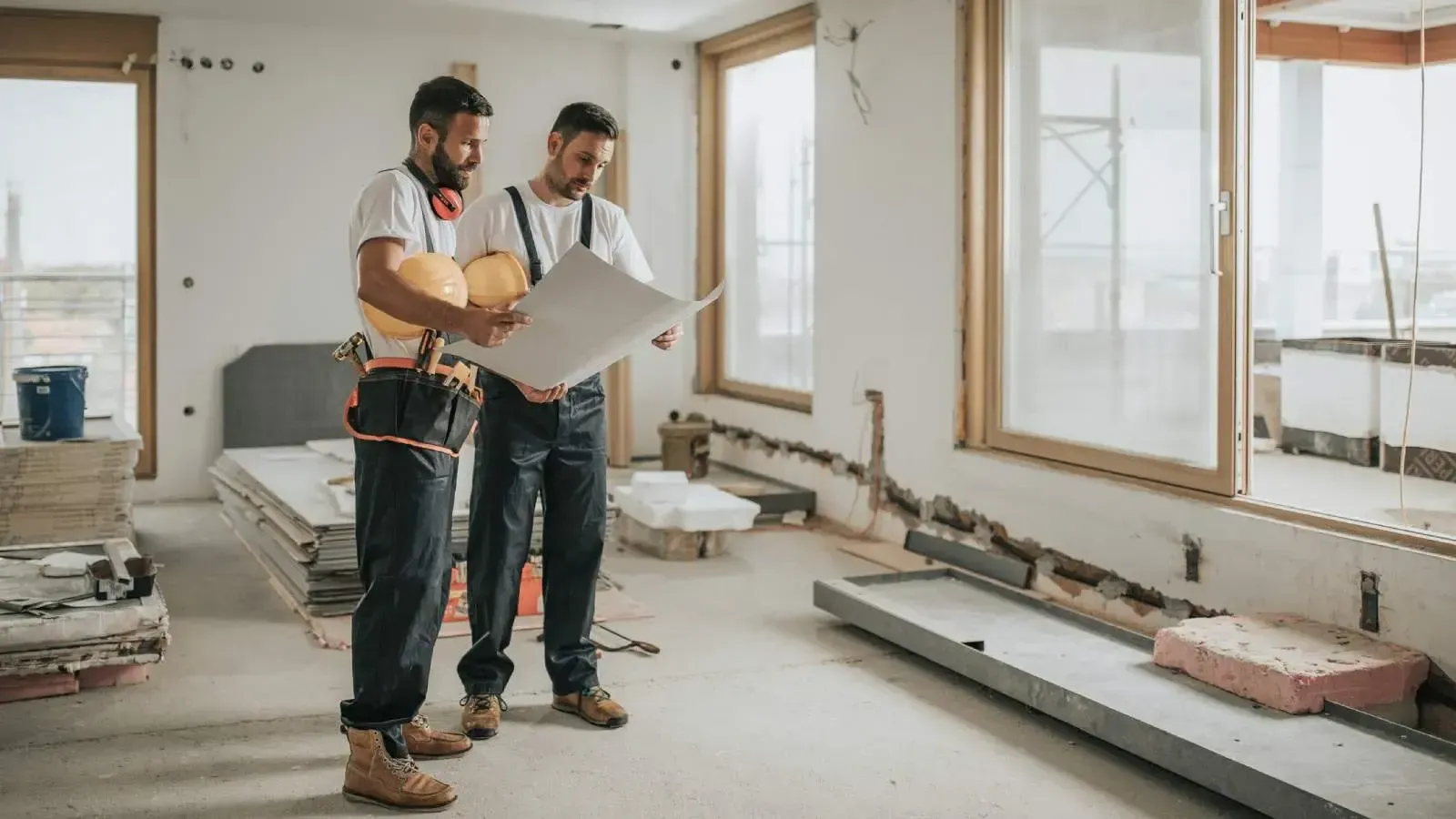 Inspectors reviewing plans inside a near-complete home