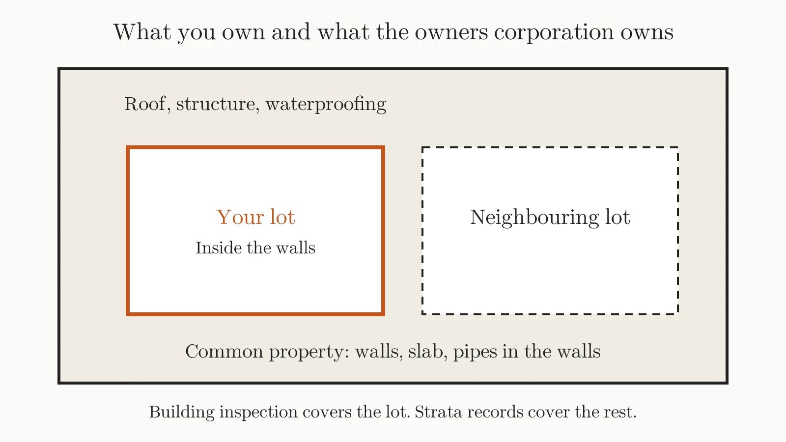 Diagram of an owner's lot inside the walls beside a neighbouring lot, surrounded by common property labelled roof, structure, waterproofing, walls, slab and pipes in the walls