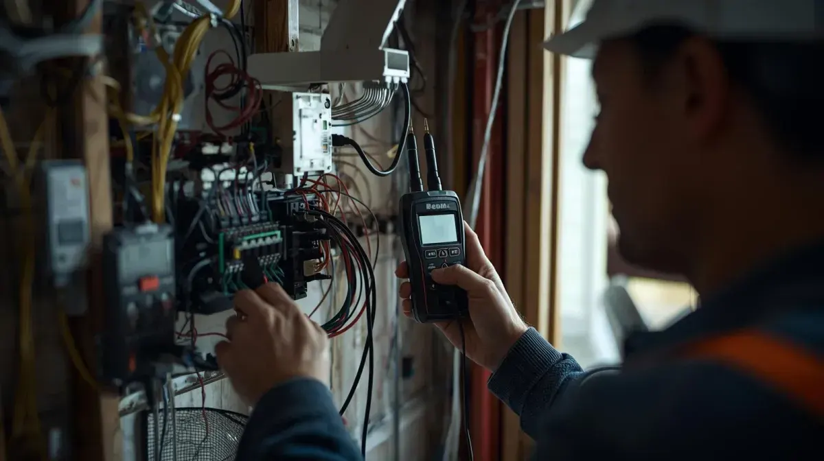 Licensed building inspector examining electrical wiring and switchboard during a defect inspection in an Australian home