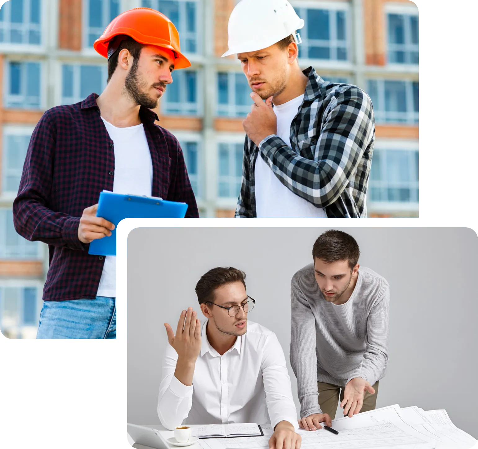 Construction inspectors reviewing building plans and discussing expert evidence