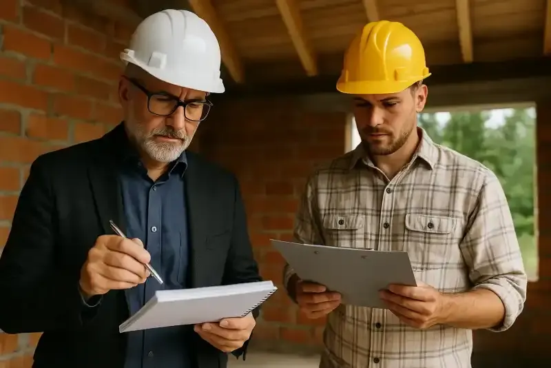 Building inspector comparing expert witness report and routine inspection report documents in Australia