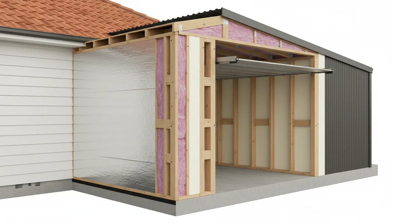 Cross-section diagram showing insulation placement between attached garage wall and habitable room