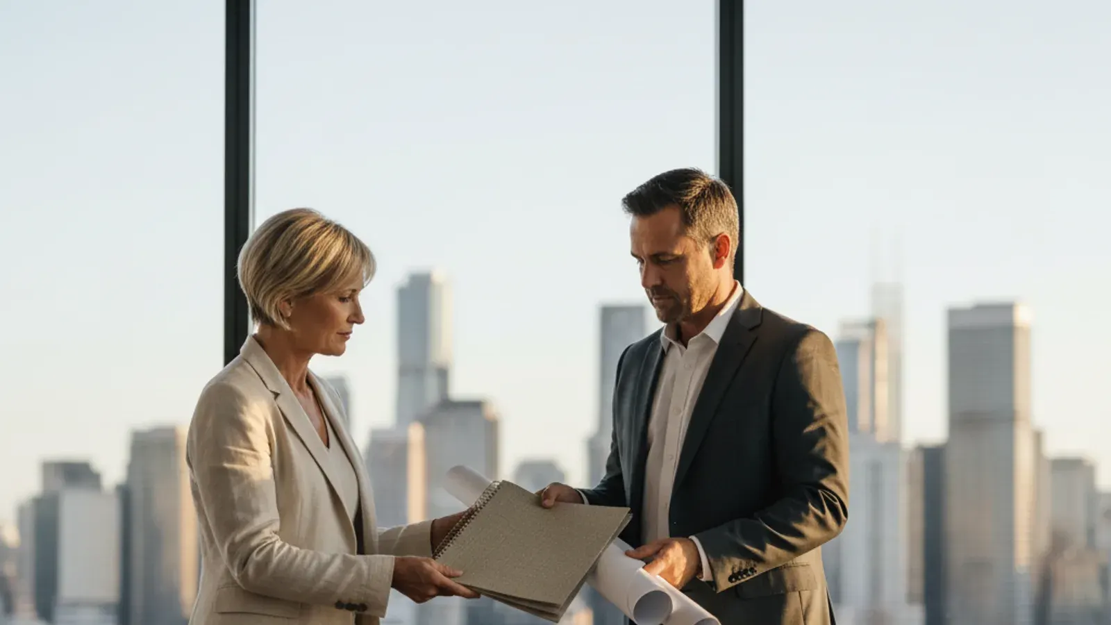 Commercial property adviser presenting an acquisition file to a high-net-worth client in a city office