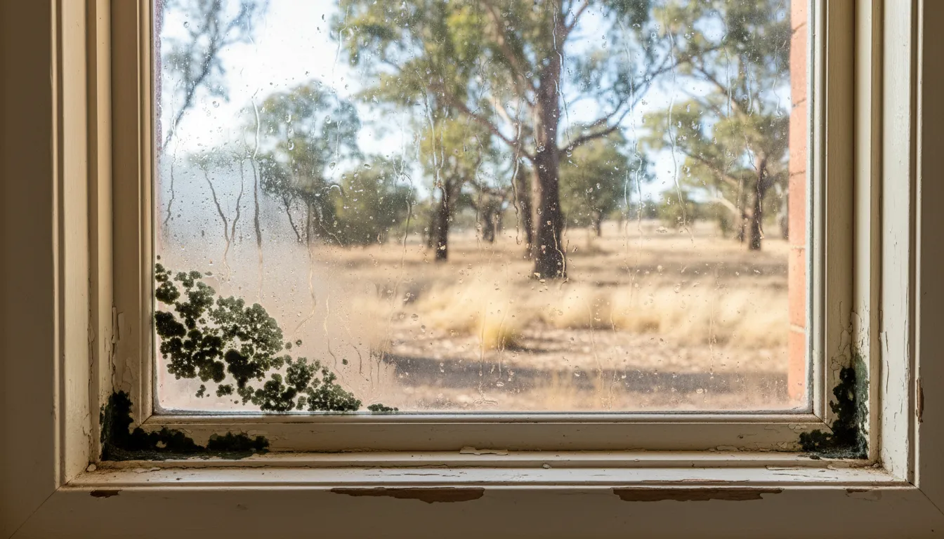 Photo of condensation on windows and mould