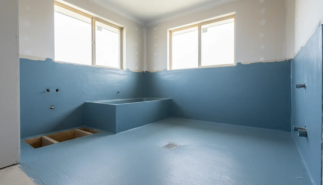 Bathroom waterproofing membrane inspection in a new home build before tiling