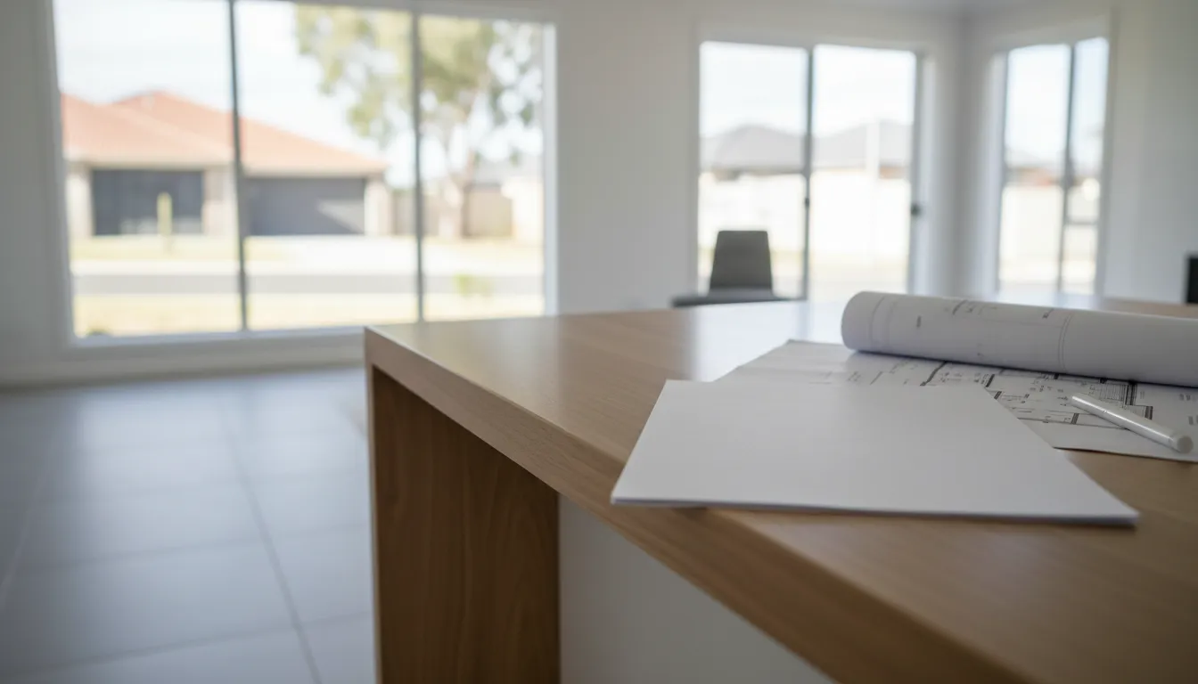 Pre-handover practical completion inspection checklist on a benchtop in a new build