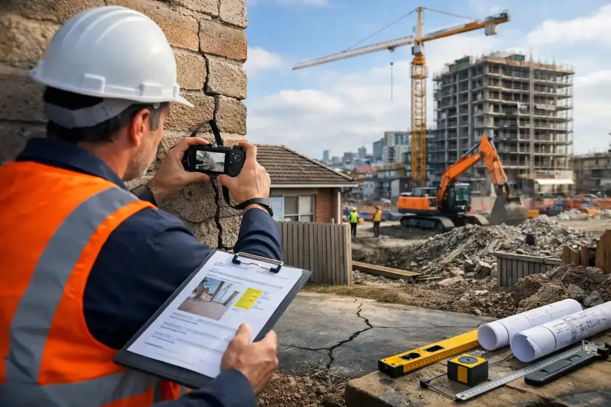 Building inspector documenting property condition for a dilapidation report in Australia