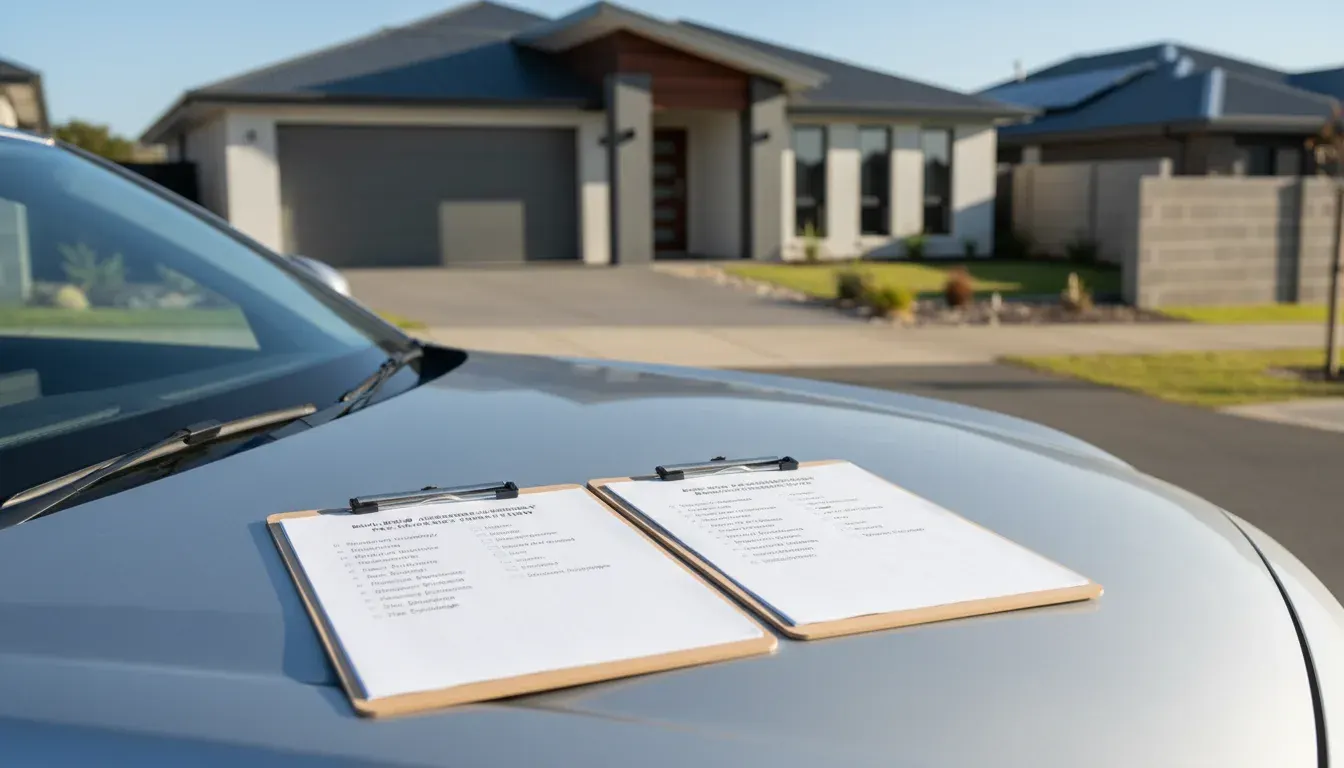 Two building assessors comparing property damage reports on a residential building site in Australia