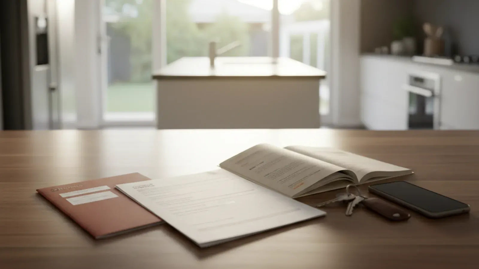 Home insurance policy documents and a denial letter on a kitchen table beside house keys
