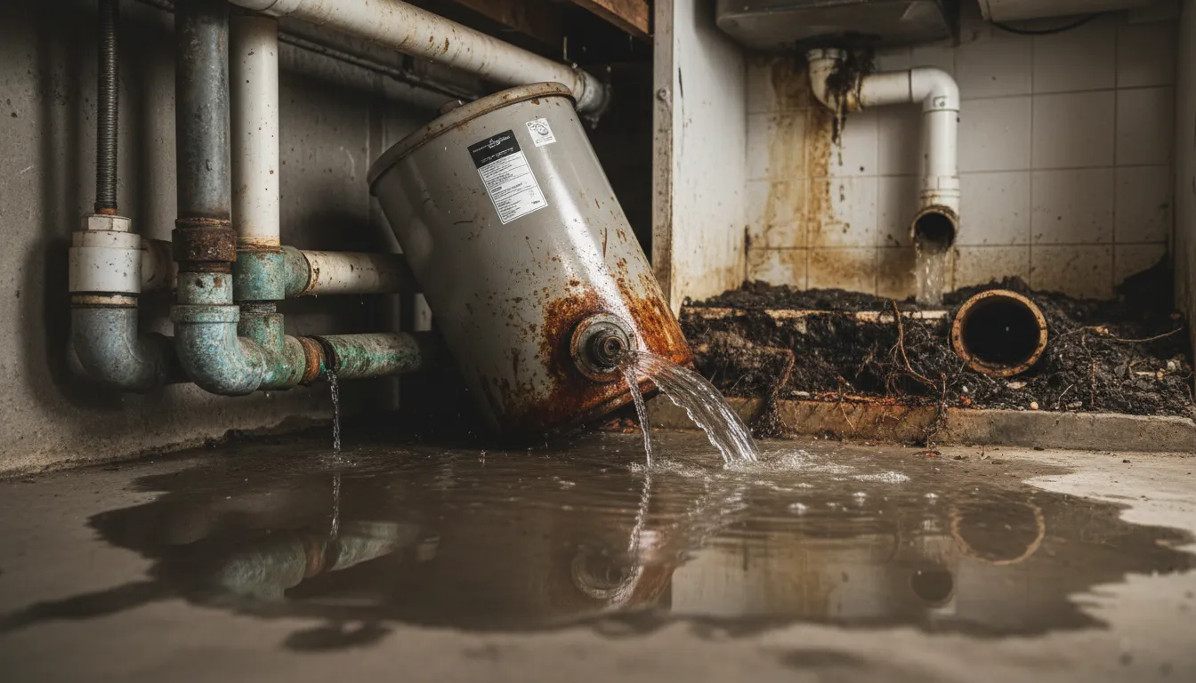 Plumbing failures. Leaking pipes, failed hot water systems, blocked drains, or deteriorated sewer lines
