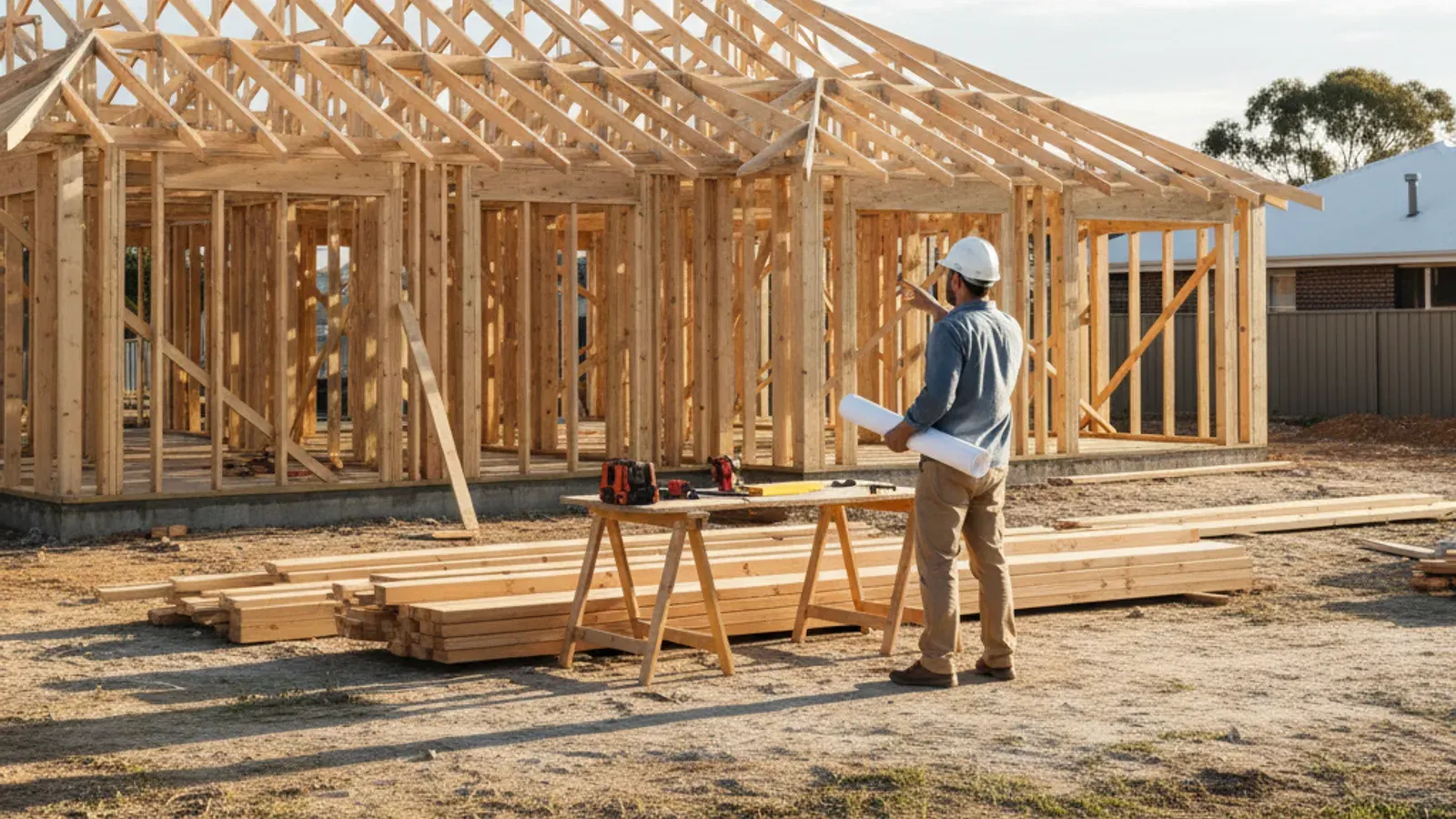 Owner builder reviewing plans, quotes and a trade schedule on a partly framed residential build