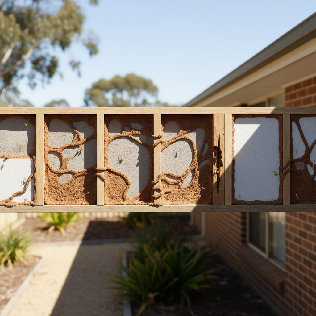 Illustration of a cutaway wall frame showing termite mud galleries running between the studs
