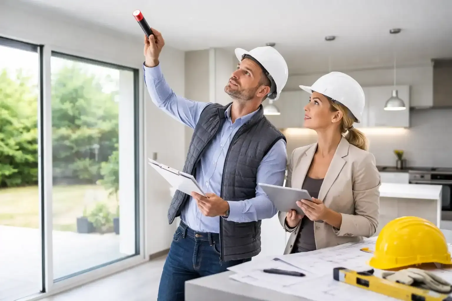 Building inspector using a checklist during a pre-occupancy inspection of a new residential building in Australia