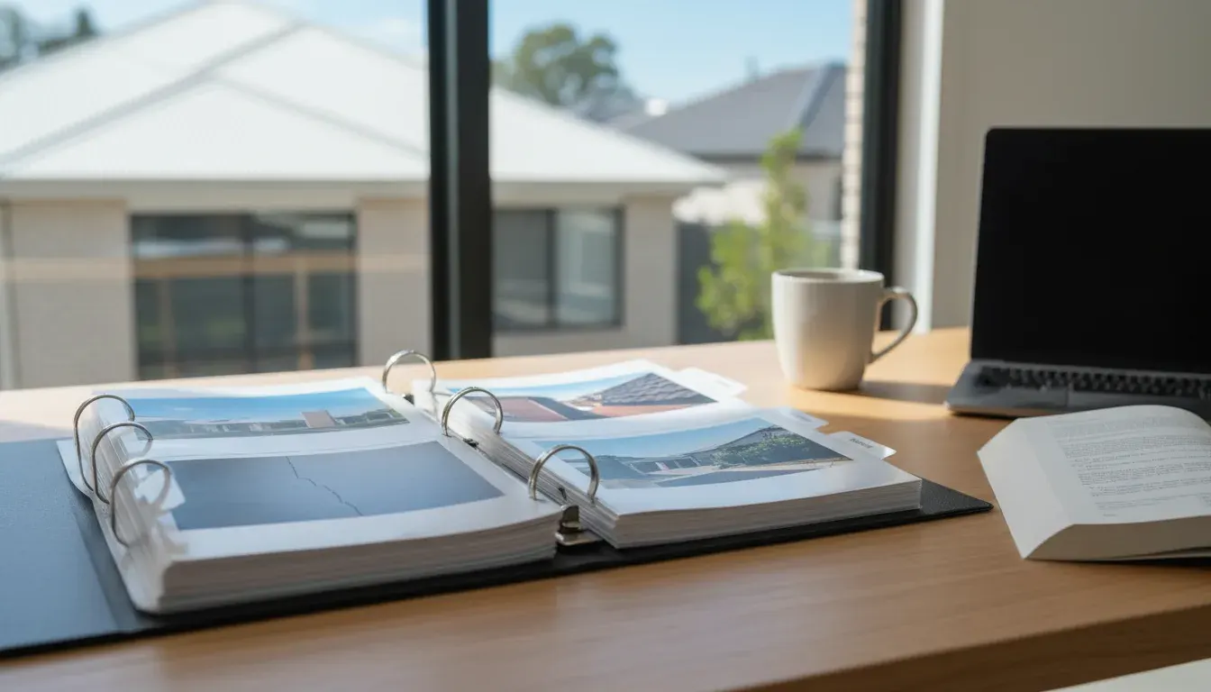 Homeowner reviewing building inspection documents and evidence files before a tribunal hearing