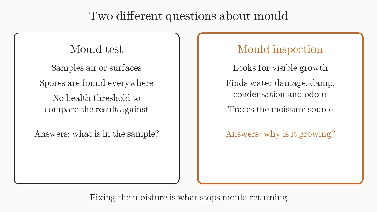 Diagram comparing what a mould test reports with what a mould inspection reports