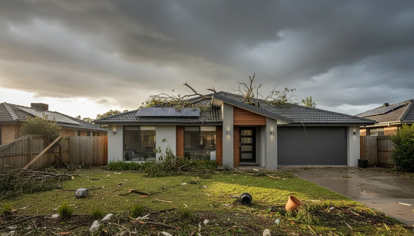 Australian home with storm damage to the roof being inspected by a building assessor