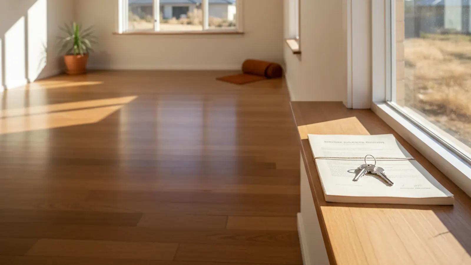 Empty sunlit living room after settlement with house keys resting on a building inspection report by the window