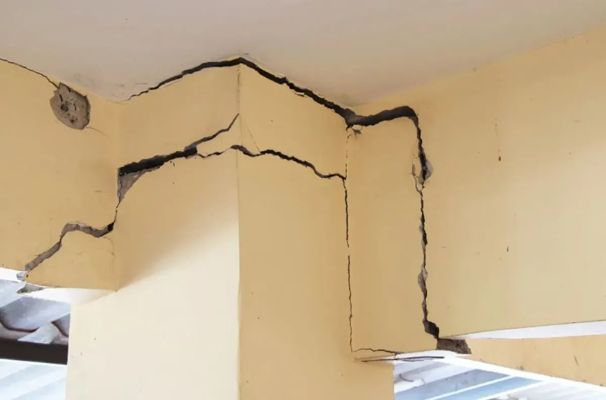 Building wall showing visible cracking and water seepage defects