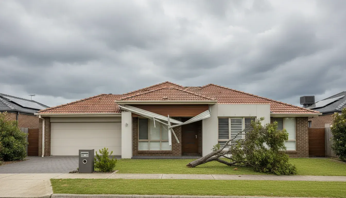 Australian residential home with visible storm damage to the roof and facade