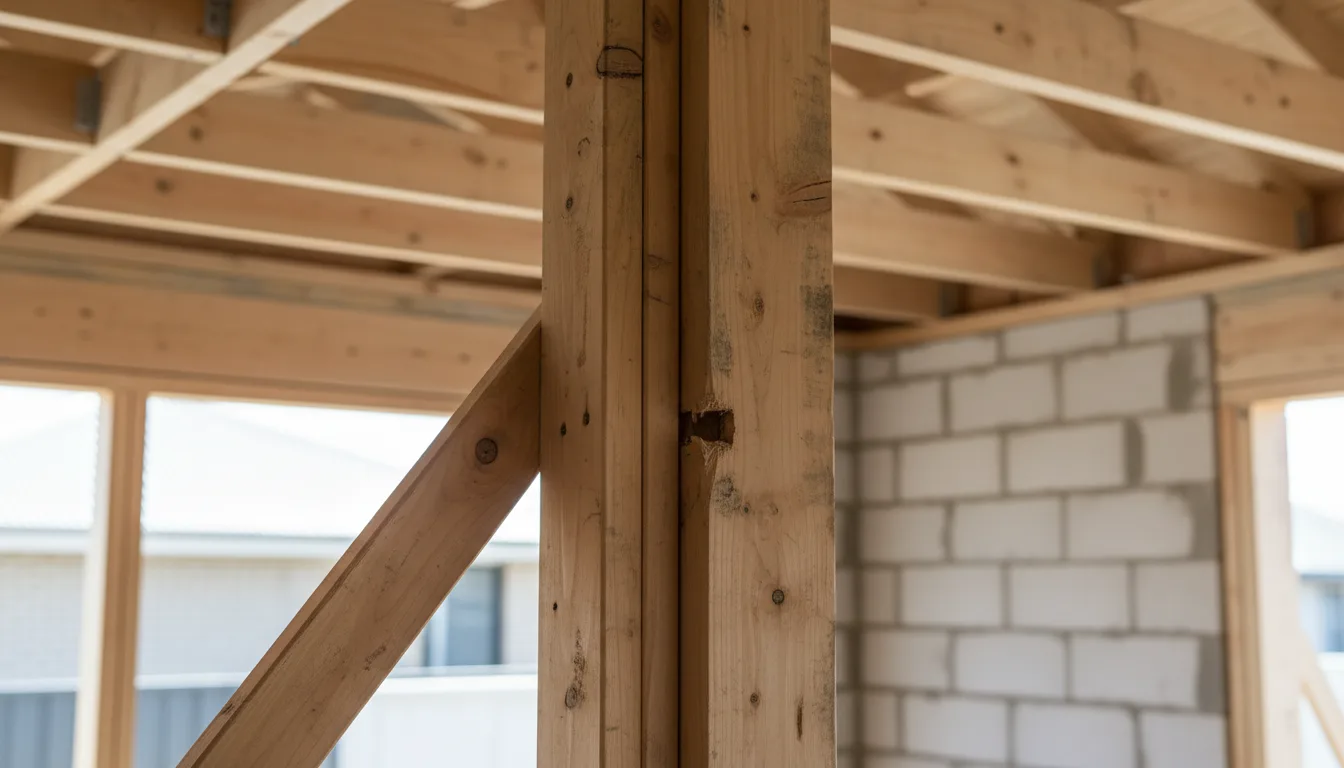 Building inspector documenting a construction defect with a camera at a residential building site