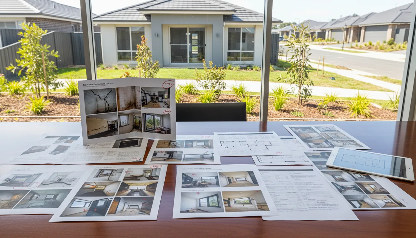 Building consultant reviewing a defect investigation report on a clipboard at an Australian residential property
