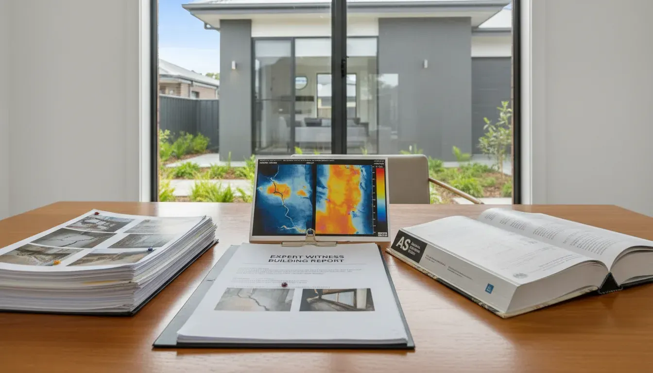 Building expert reviewing a detailed expert witness report with photographs and Australian Standards references