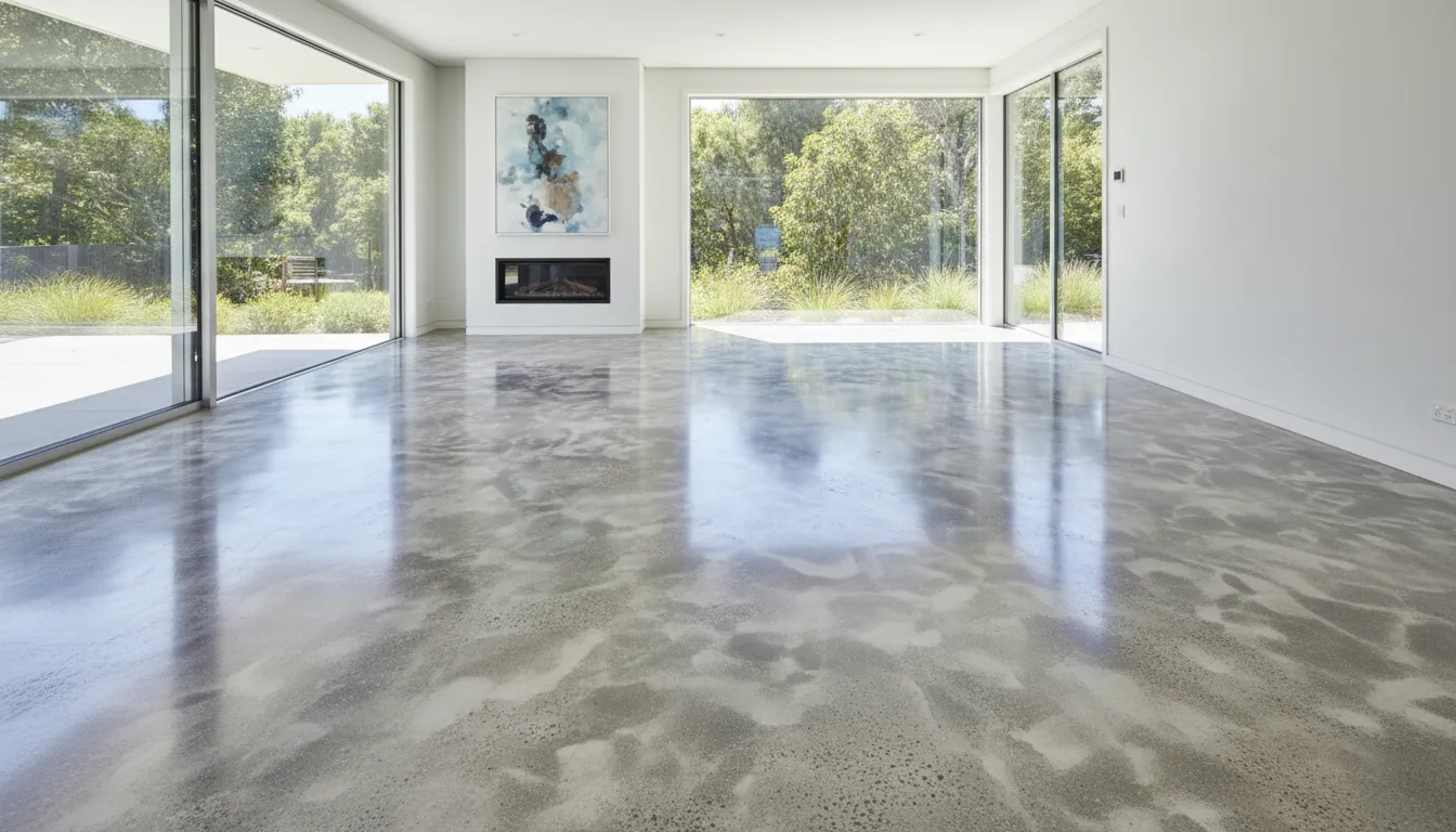 Patchy sheen and cloudy haze across a polished concrete living room floor