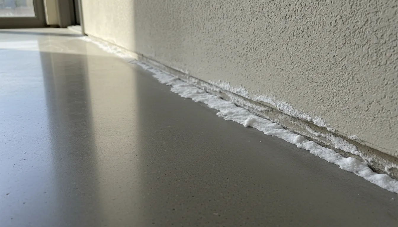 White salt deposits along a control joint near an external wall line on polished concrete
Caption: Efflorescence often appears near joints and edges where moisture can move and evaporate.