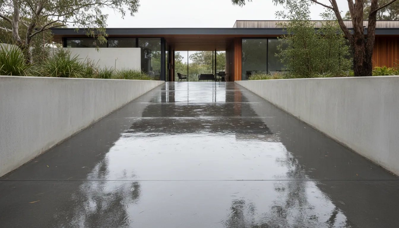 Wet polished concrete ramp entry with water present and reflective surface