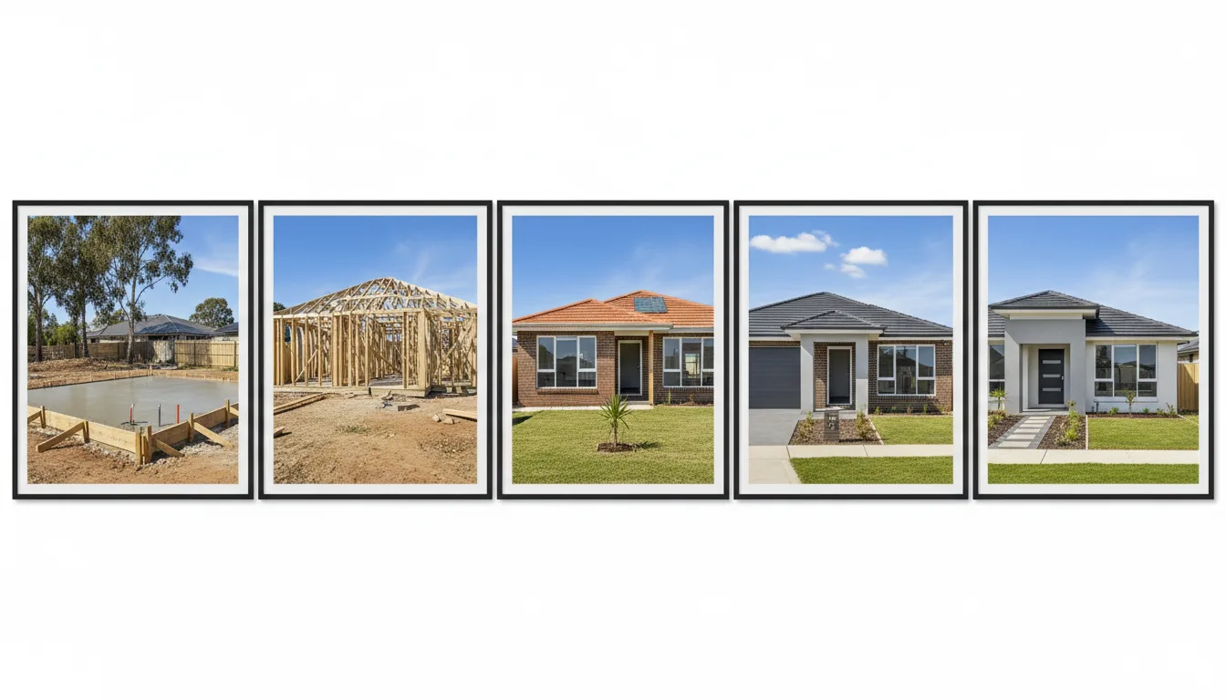 Calendar and construction timeline showing the five stages of a new home build inspection schedule