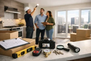 Professional inspector conducting an apartment pre settlement walkthrough with buyers, with inspection tools on the kitchen bench in a modern Australian apartment.